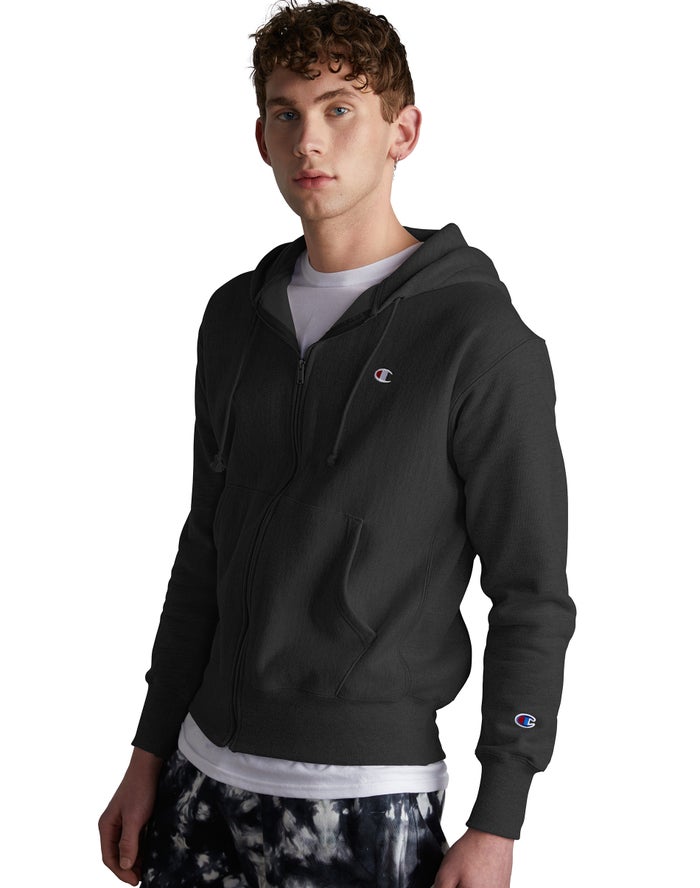 Champion Reverse Weave Full Zip C Logo Erkek Kapşonlu Sweatshirt Siyah ( UVSZLC913 )